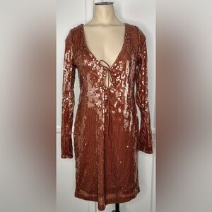 NWOT Bardot Sequin Dress Verona Mini Sparkling Copper Brown With Long Sleeves